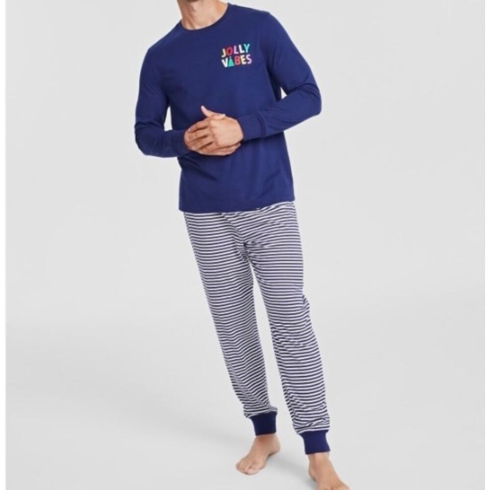 Macys Pajama Set Mens Small Navy JOLLY VIBES Holiday Festive Lounge Comfy Cozy